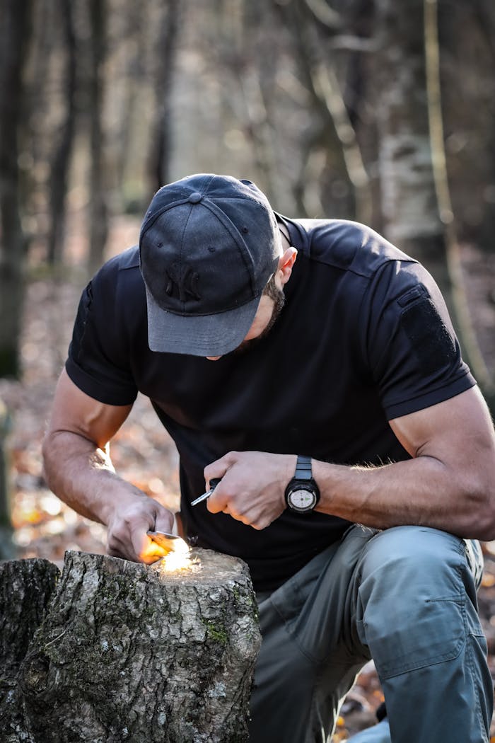 Home A man demonstrates fire-starting techniques in a forest using flint, showcasing essential survival skills.